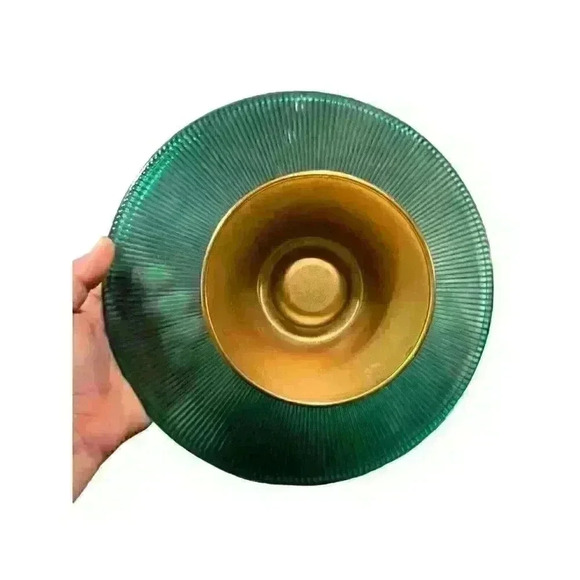 Teal Glass Fruit Bowl Gold Base Tall Candy Fruit Tray 10" Diameter 4.5" Tall - Picture 6 of 7